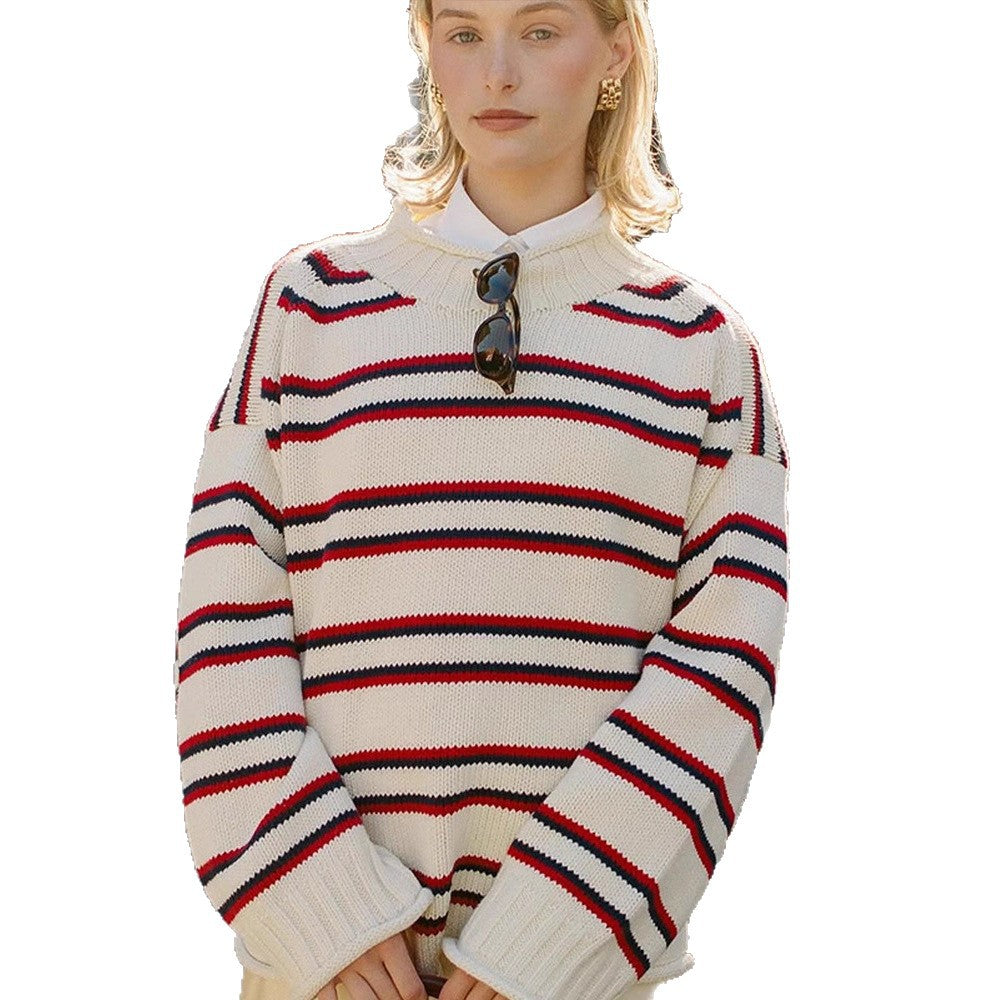 Women's oversized striped cotton blend sweater with wide cut and ribbed cuffs Mune Fashion