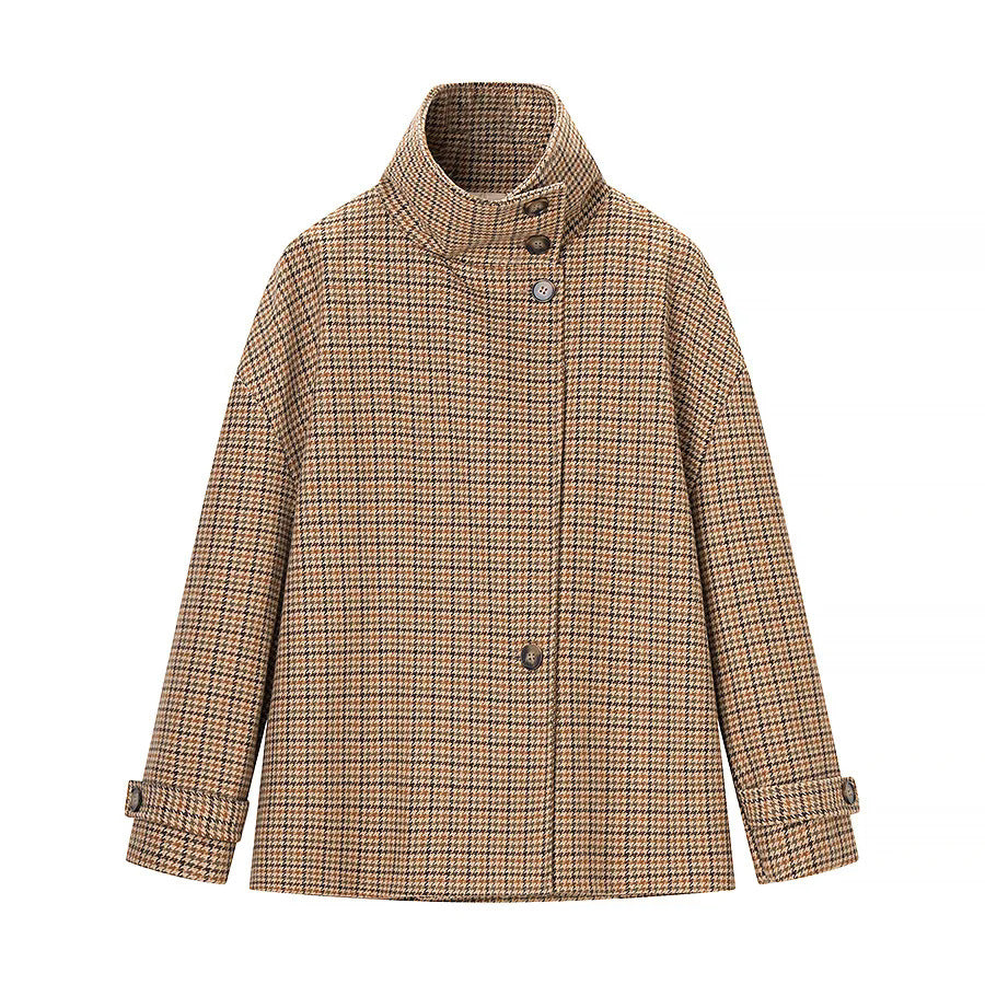 Women's trendy houndstooth transitional jacket with high stand-up collar and adjustable cuffs Mune Fashion