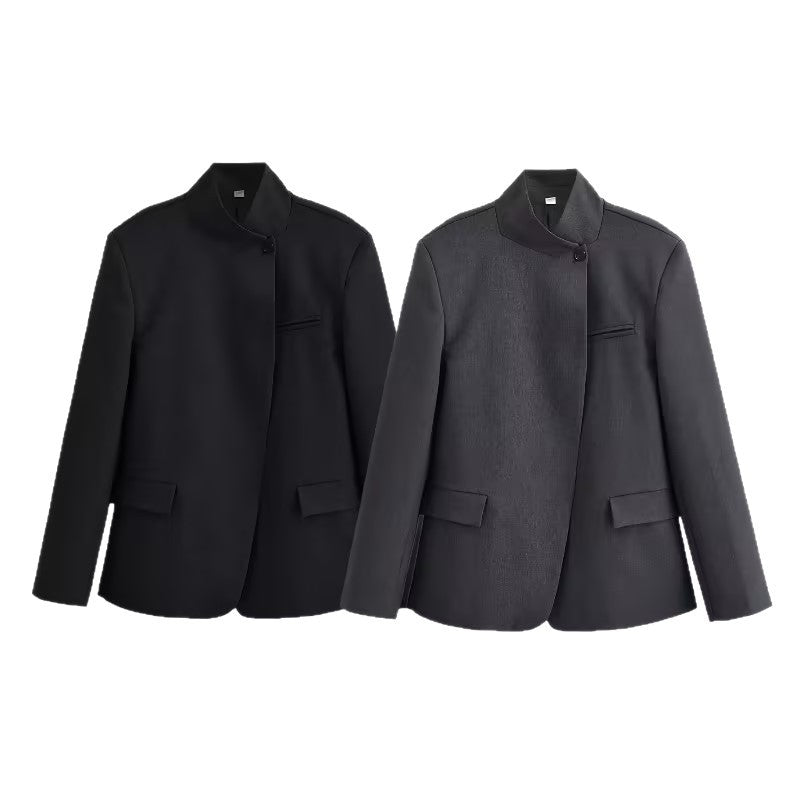Women's structured short blazer in a minimal style with stand-up collar and concealed button placket Mune Fashion