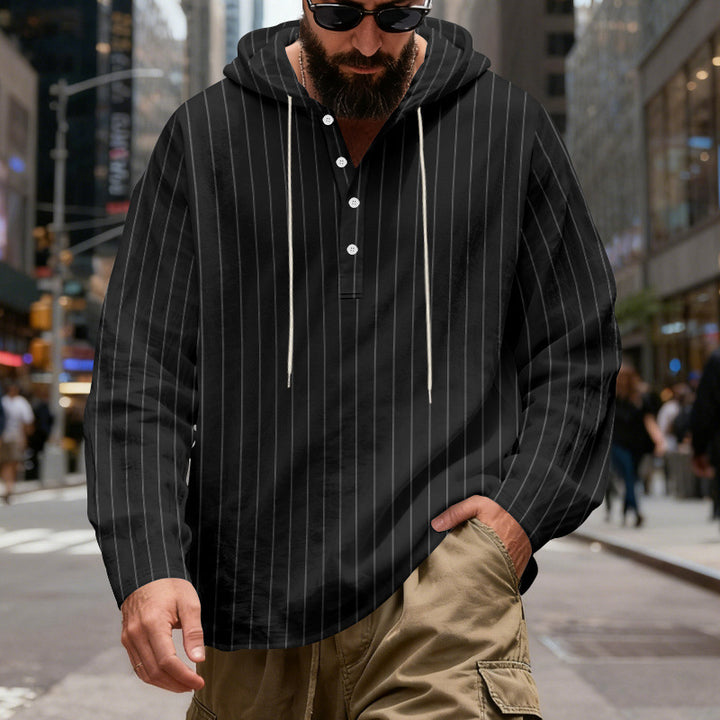 Men's striped Henley hoodie with long sleeves, loose fit and drawstring Mune Fashion