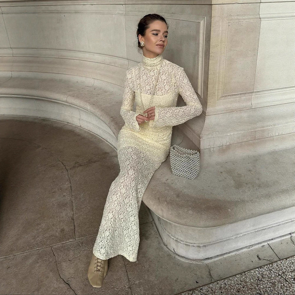 Women Elegant form-fitting Maxi dress made of lace with a stand-up collar and trumpet sleeves Mune Fashion
