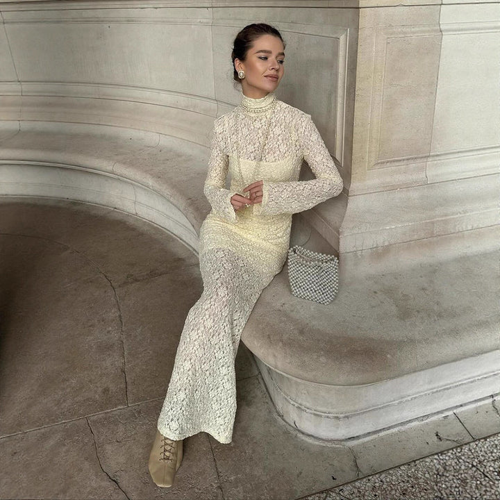 Women Elegant form-fitting Maxi dress made of lace with a stand-up collar and trumpet sleeves Mune Fashion