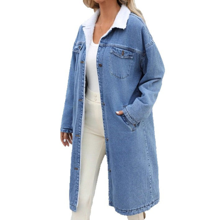 Ladies Longline Denim Coat with Teddy Collar Mune Fashion