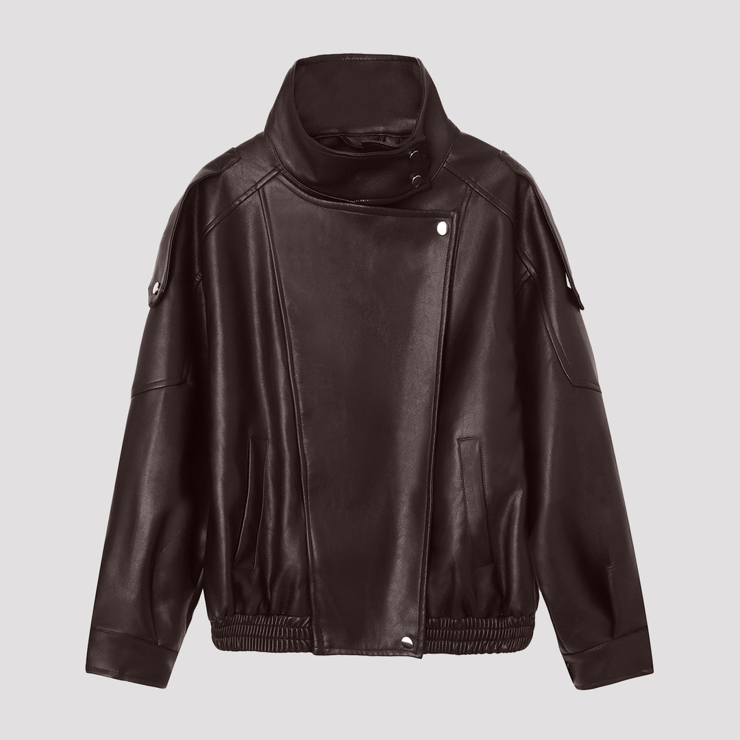 Women’s Fashion Leather Jacket with Stand-up Collar Mune Fashion
