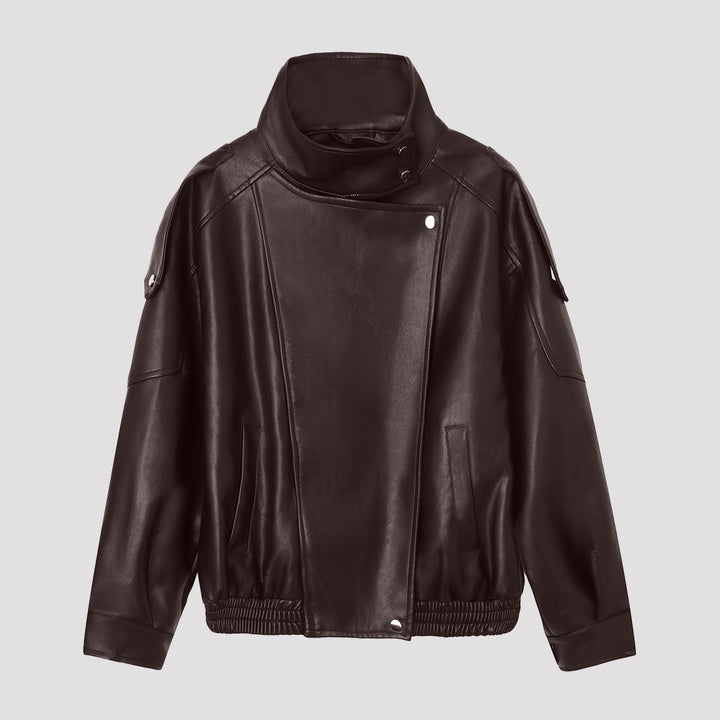 Women’s Fashion Leather Jacket with Stand-up Collar Mune Fashion