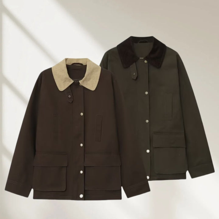Women's field jacket in parka style with corduroy collar, snap button closure, and patch front pockets Mune Fashion