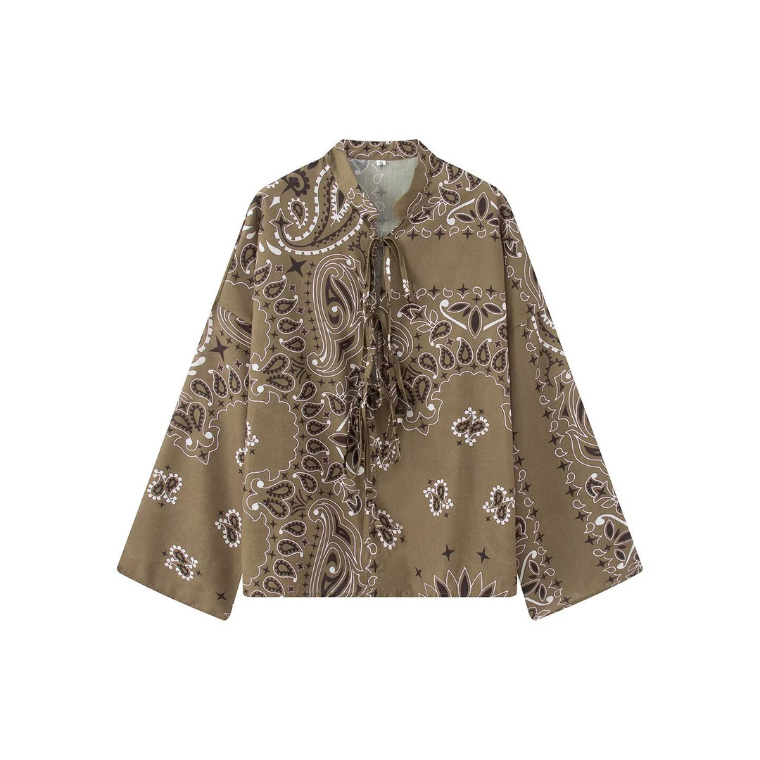 Women's Two-Piece Satin Look Lounge Set with Paisley Print, Kimono Collar Blouse and Wide Culotte Pants Mune Fashion