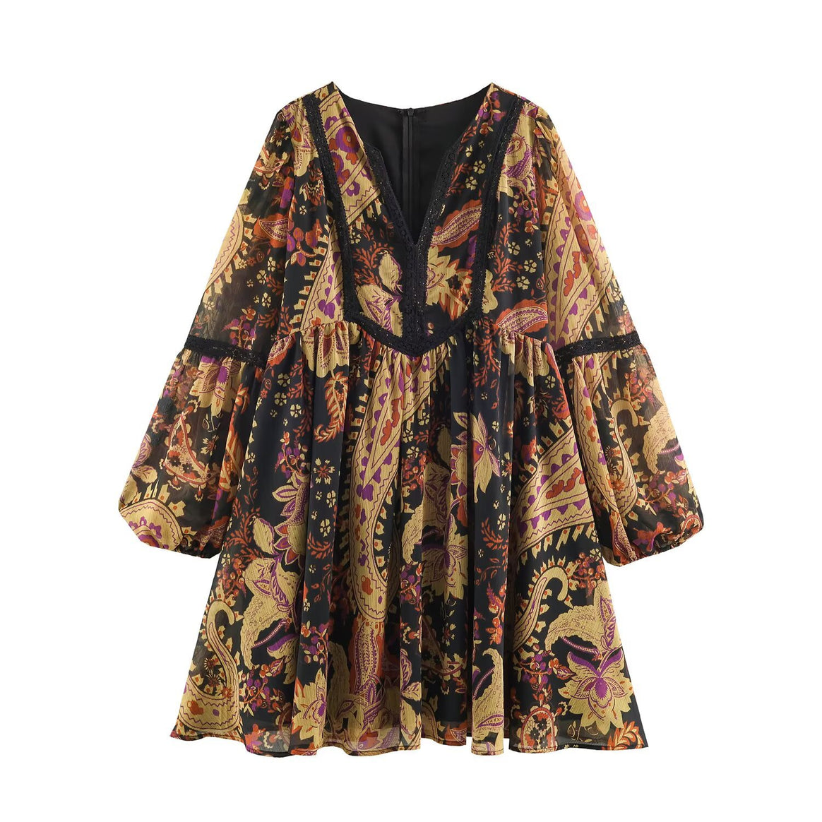 Women’s Boho Mini Dress with V-Neck, Lace Trim and Balloon Sleeves Mune Fashion