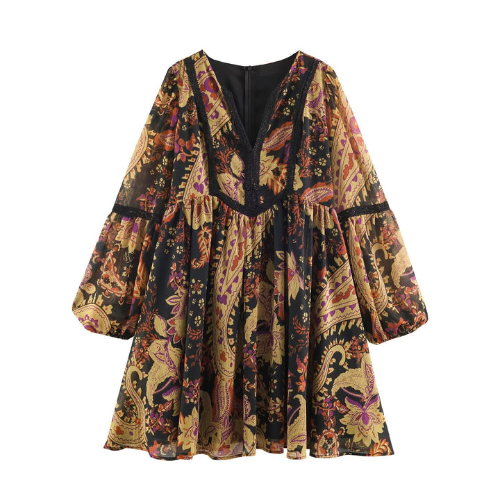 Women’s Boho Mini Dress with V-Neck, Lace Trim and Balloon Sleeves Mune Fashion