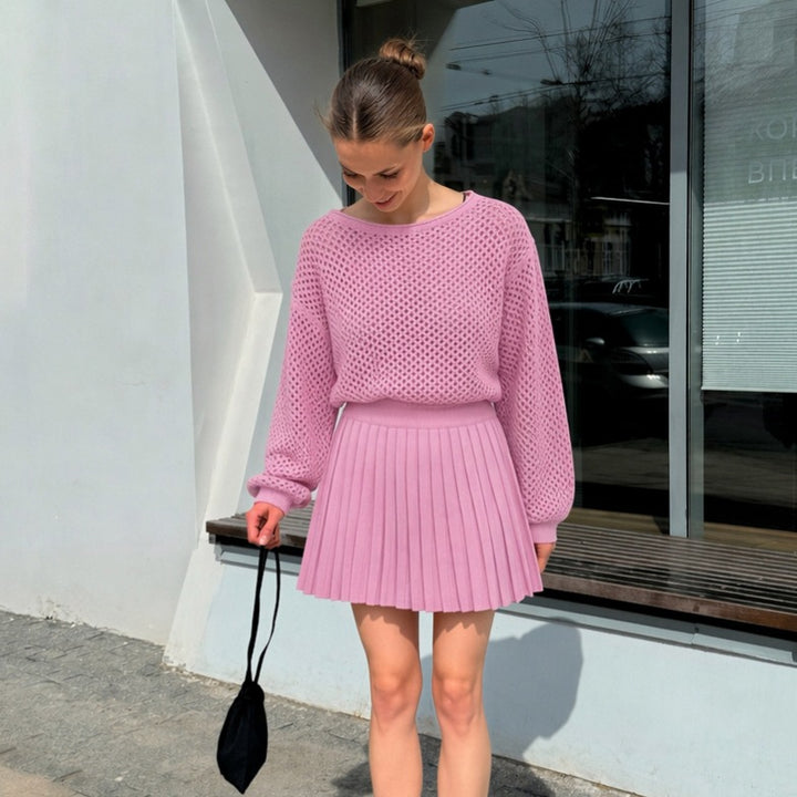 Women's oversized net knit sweater with pleated mini skirt set Mune Fashion