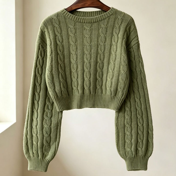 Women Cropped Cable Knit Sweater with Boxy Silhouette and Balloon Sleeves Mune Fashion