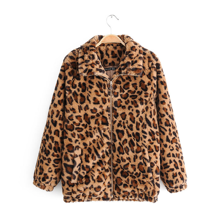 Women's faux fur jacket with leopard print, full zip and elastic hem Mune Fashion