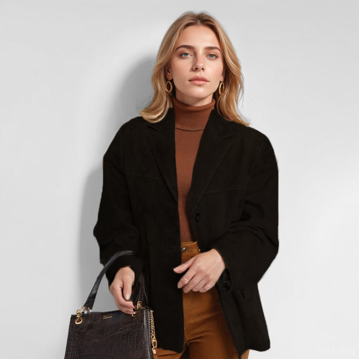 Women's Oversize Suede Blazer with Lapel Collar and Patch Pockets Mune Fashion