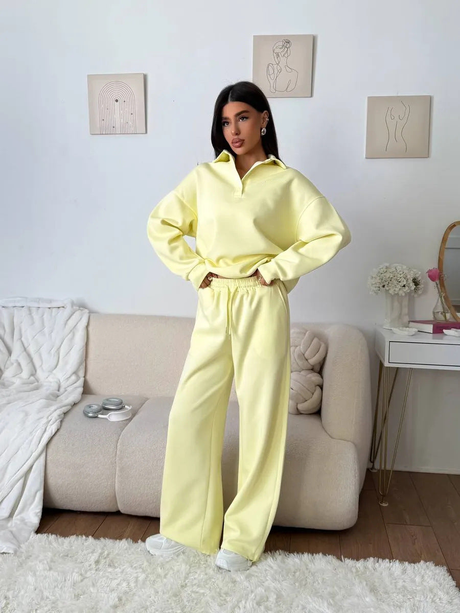 Women's wide Polo lounge set with elastic drawstring waistband and wide-leg jogging pants Mune Fashion