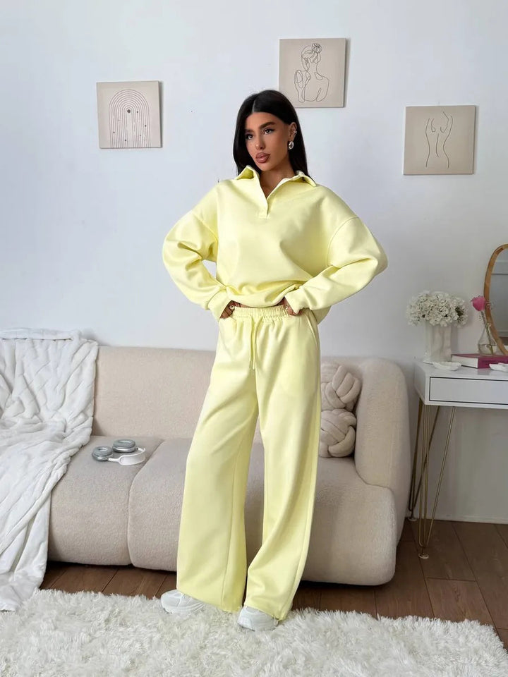 Women's wide Polo lounge set with elastic drawstring waistband and wide-leg jogging pants Mune Fashion