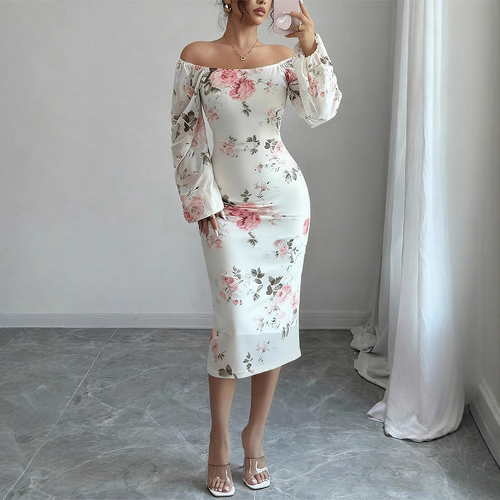Women's tailored midi dress with square neckline, balloon sleeves, and floral stretch jersey Mune Fashion