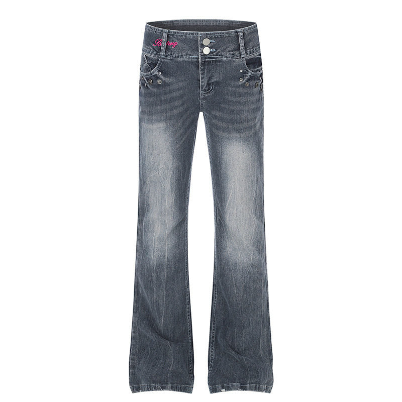 Women's High-Waist Flared Jeans with Wide Leg, Double Button and Stud Detail Mune Fashion