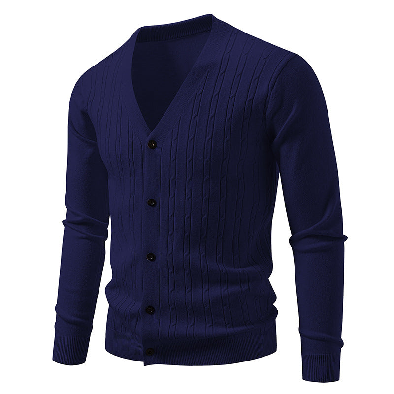 Men's fine-knit cardigan with deep V-neck slim fit and vertical cable knit Mune Fashion