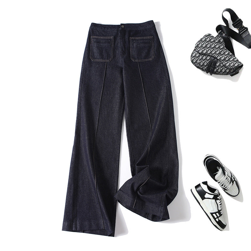 Women's High-Waist Wide Denim Trousers with Continuous Center Seam and Sewn-On Pockets Mune Fashion