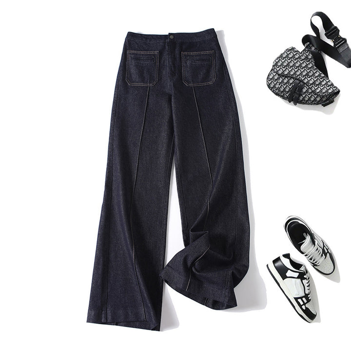 Women's High-Waist Wide Denim Trousers with Continuous Center Seam and Sewn-On Pockets Mune Fashion