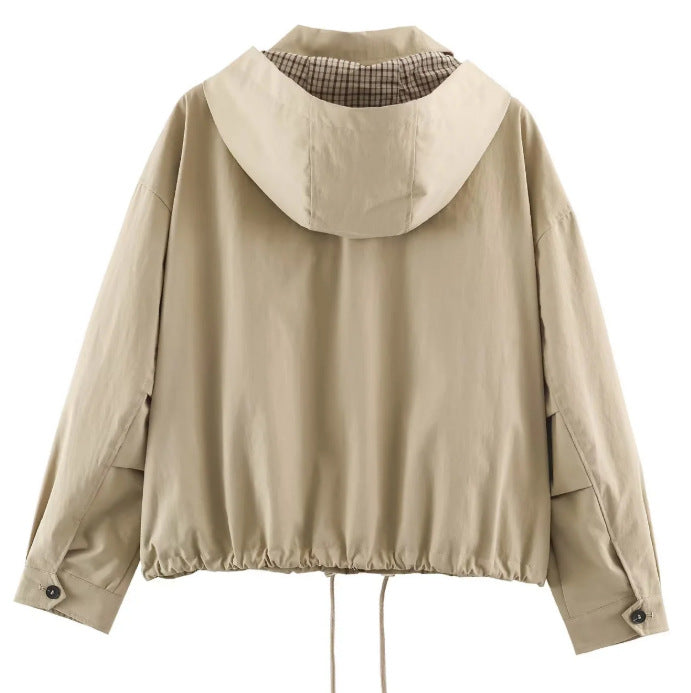 Women's Lightweight Hooded Jacket in Boxy Cut with Drawstring and Check Lining Mune Fashion