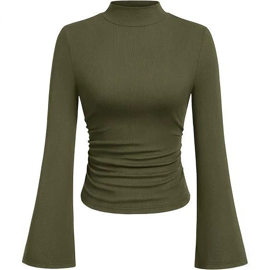 Women's Ribbed Long Sleeve Top with Stand-Up Collar, Trumpet Sleeves, and Fitted Cut Mune Fashion