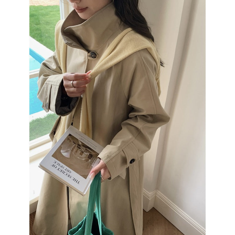 Ladies Longer Trench Coat with High Stand-Up Collar and Raglan Sleeves Mune Fashion