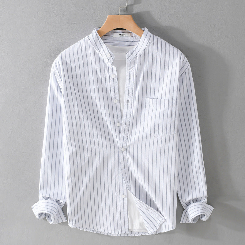 Men's Lightweight Stand Collar Long Sleeve Shirt made of Cotton Blend with Fine Pinstripe and Chest Pocket Mune Fashion