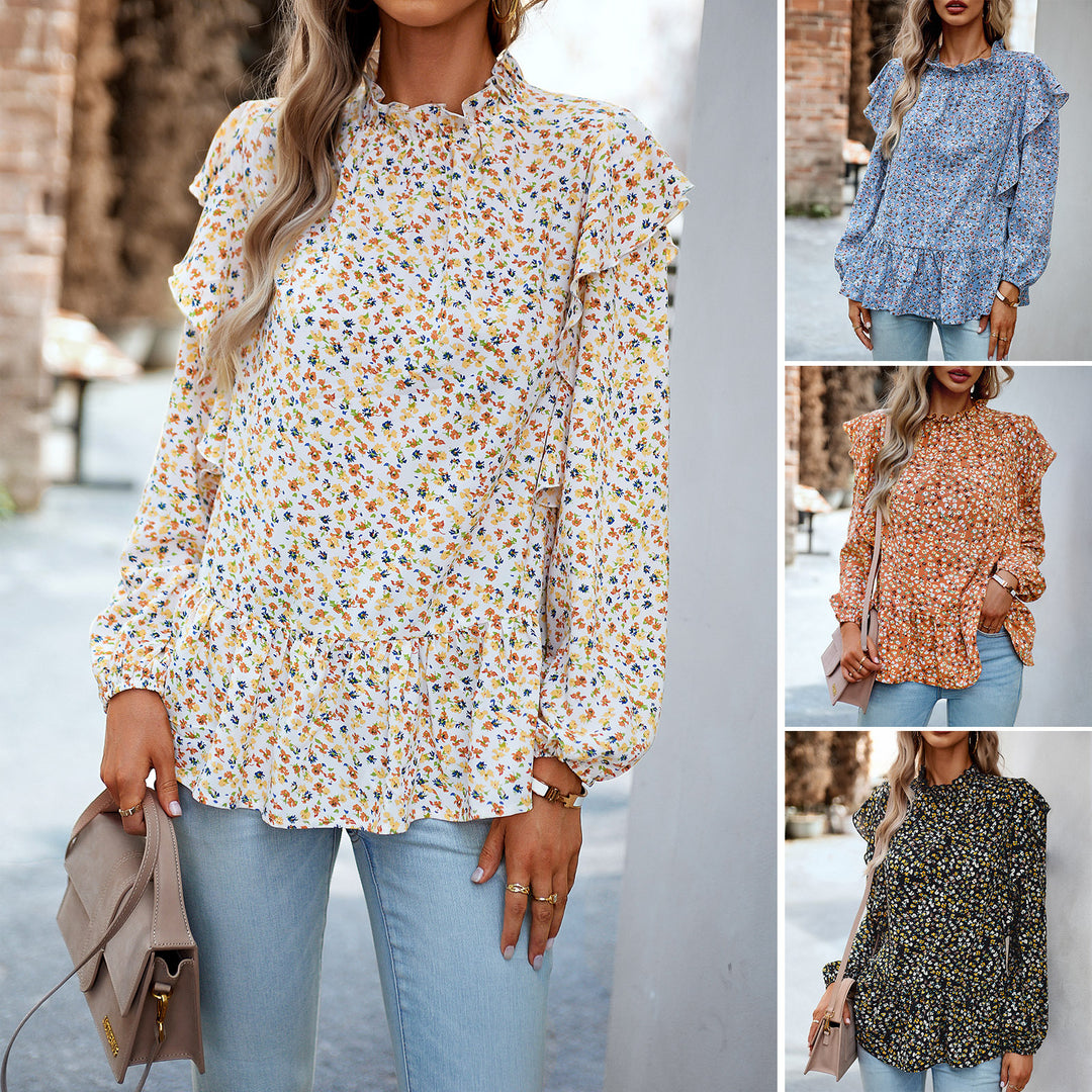Women’s floral chiffon blouse with gathered standing collar, ruffle shoulders, and fitted layered hem Mune Fashion