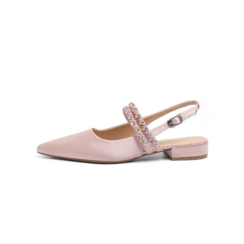 Women's pointed satin mules with padded comfort footbed, low block heel and crystal-studded decorative strap Mune Fashion