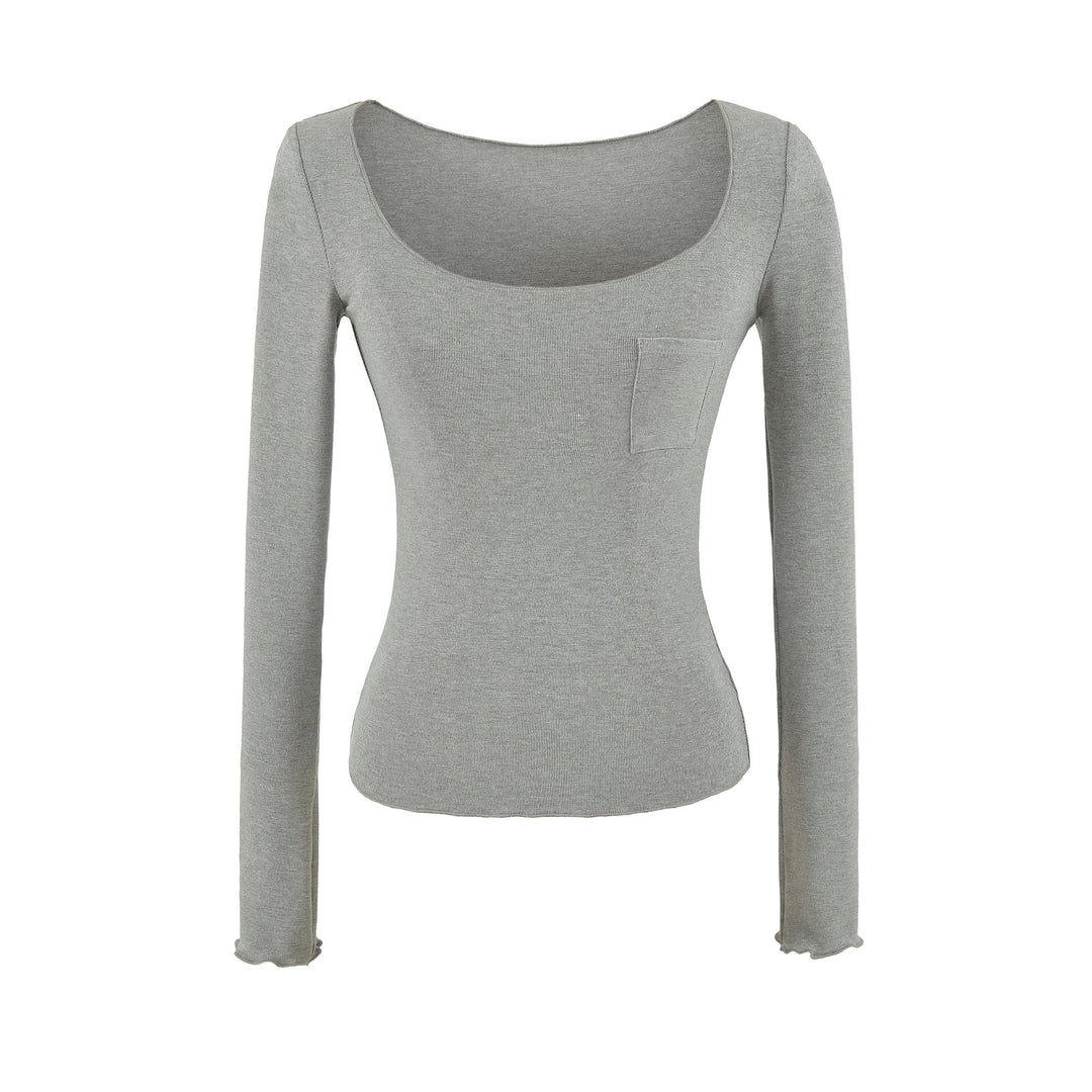 Women's fitted ribbed long-sleeve shirt with wide square neckline and chest pocket Mune Fashion
