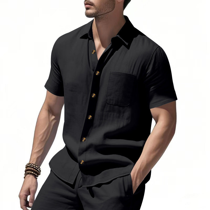 Men's short-sleeve resort shirt made of linen blend with chest pocket and drawstring Bermuda Mune Fashion