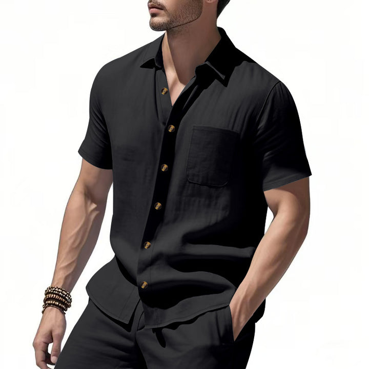 Men's short-sleeve resort shirt made of linen blend with chest pocket and drawstring Bermuda Mune Fashion
