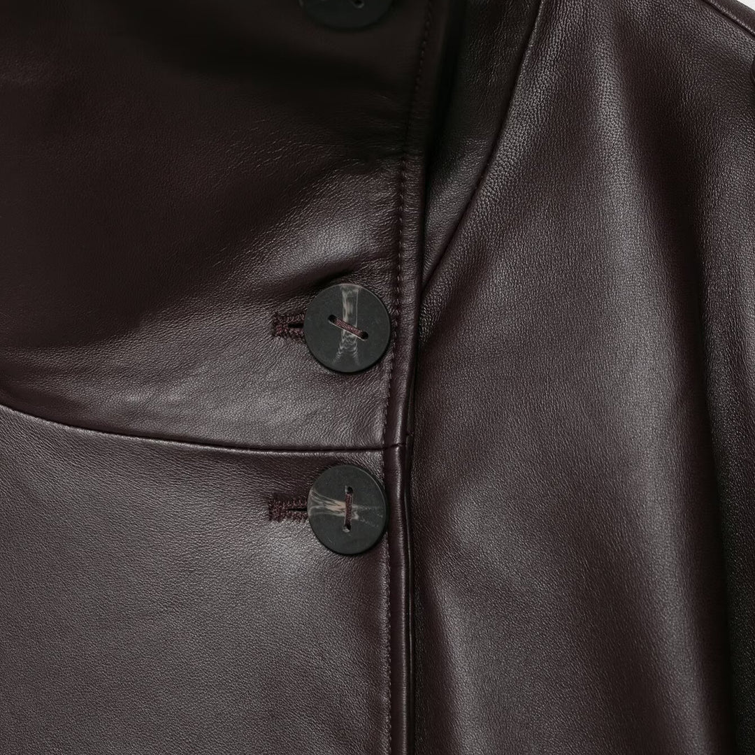 Women Short Leather Trench Coat Jacket with High Standing Collar, Double-Breasted Button Placket and Waist Belt Mune Fashion