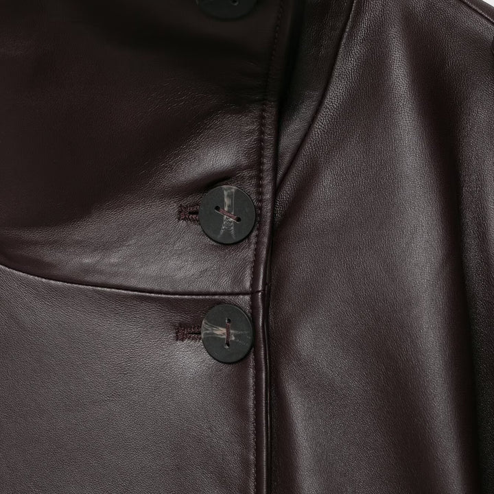 Women Short Leather Trench Coat Jacket with High Standing Collar, Double-Breasted Button Placket and Waist Belt Mune Fashion