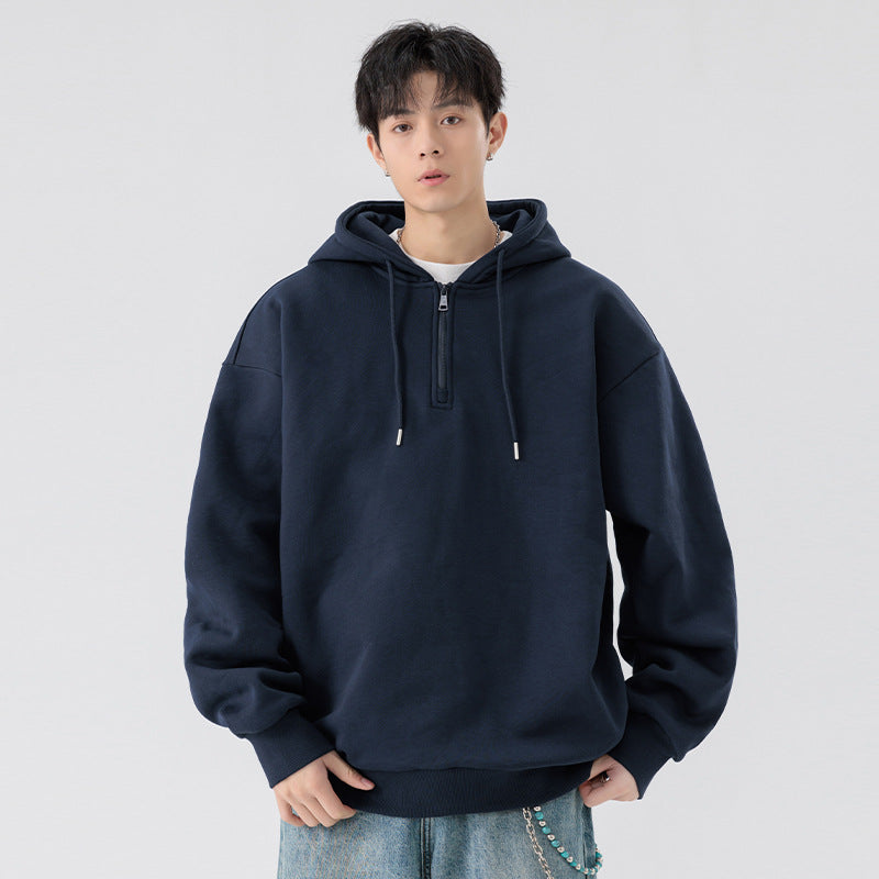 Unisex Oversize Hoodie with Half Zip, Fleece Lining and Ribbed Hem Drune