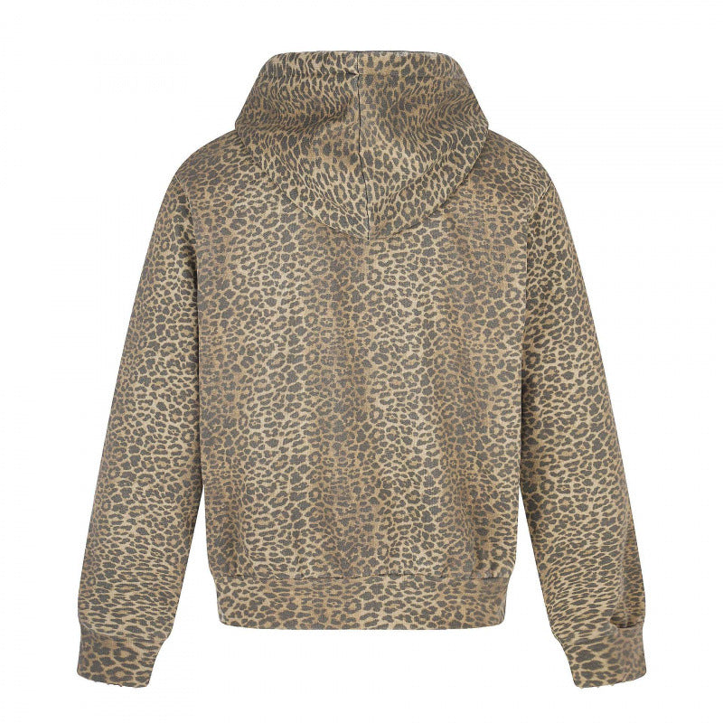 Unisex hooded jacket in all-over leopard with vintage effect, zipper and destroy embroidery Mune Fashion
