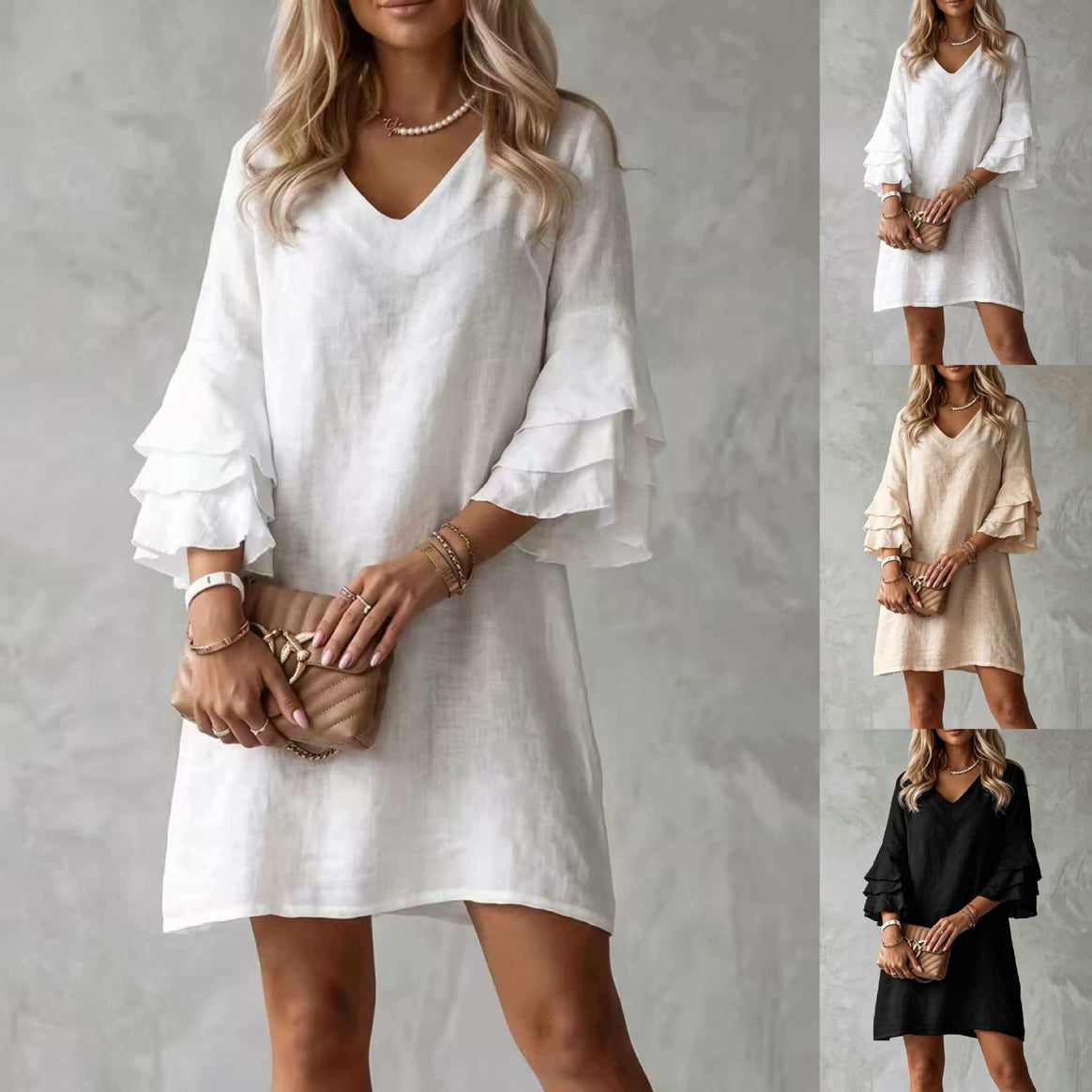 Women's Linen Look Mini Dress with V-Neck and Voluminous Tiered Sleeves Mune Fashion