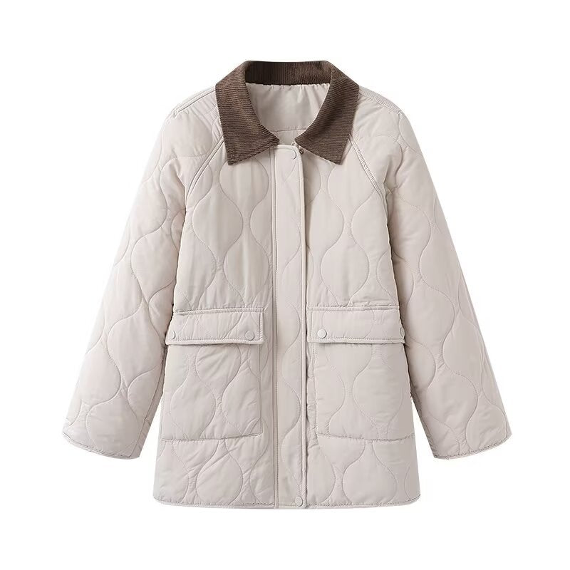 Ladies quilted jacket with cord collar, oversized boxy cut and snap front Mune Fashion