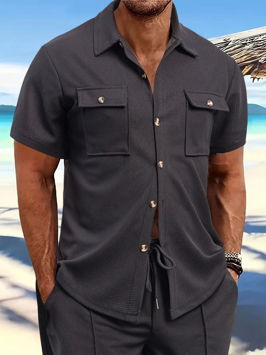Men's structured waffle lounge set with shirt jacket, chest pockets and corded pants Mune Fashion