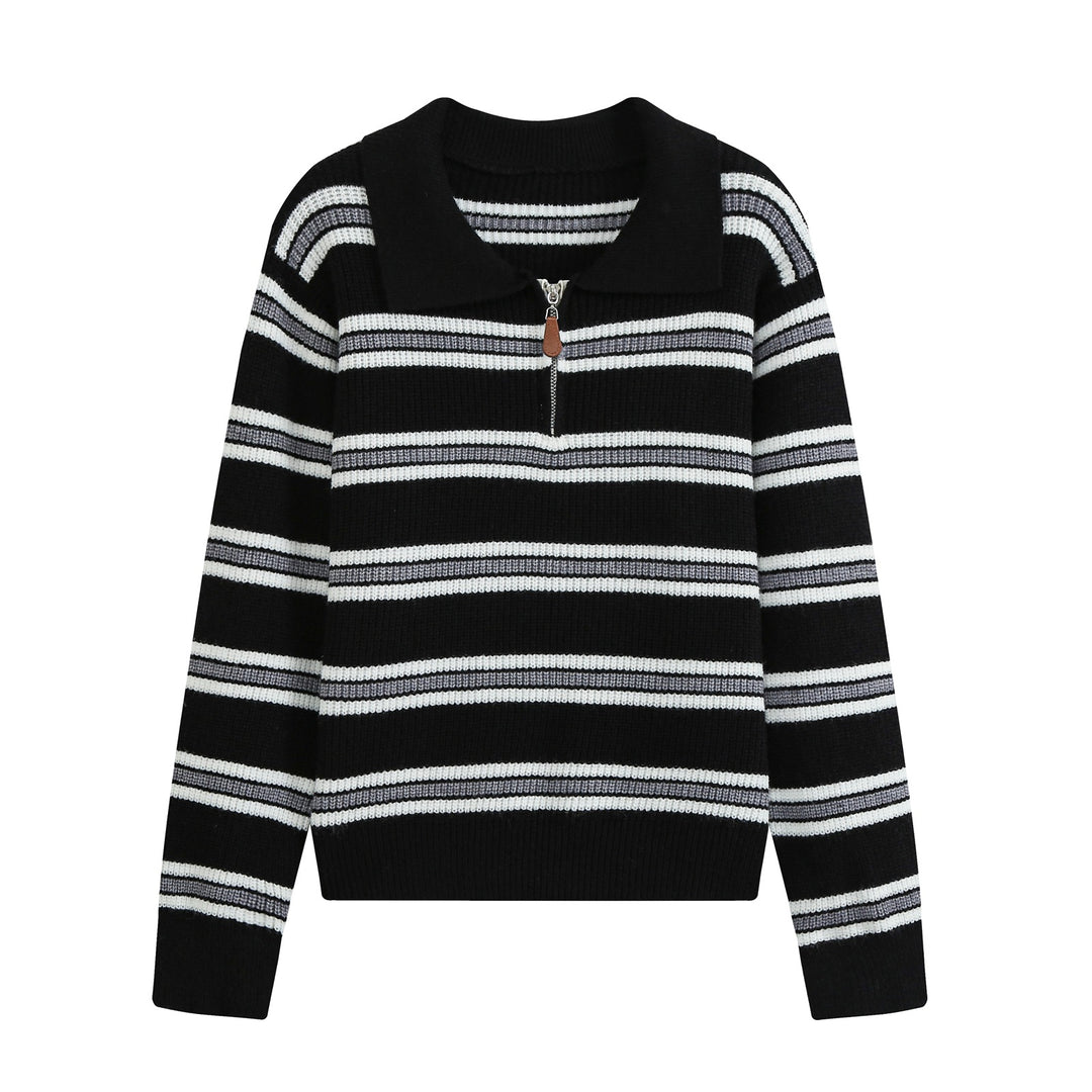 Women's Striped Knit Sweater with Polo Collar and Half Zipper Mune Fashion