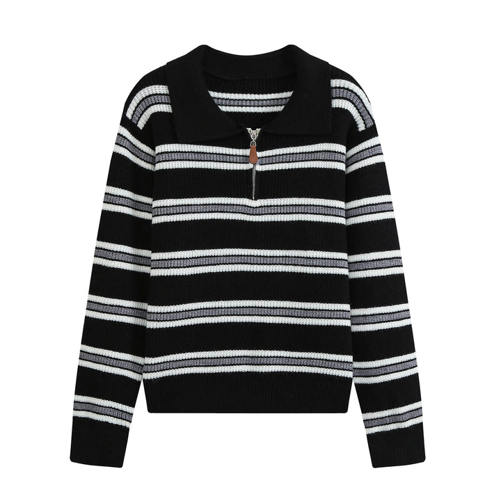 Women's Striped Knit Sweater with Polo Collar and Half Zipper Mune Fashion