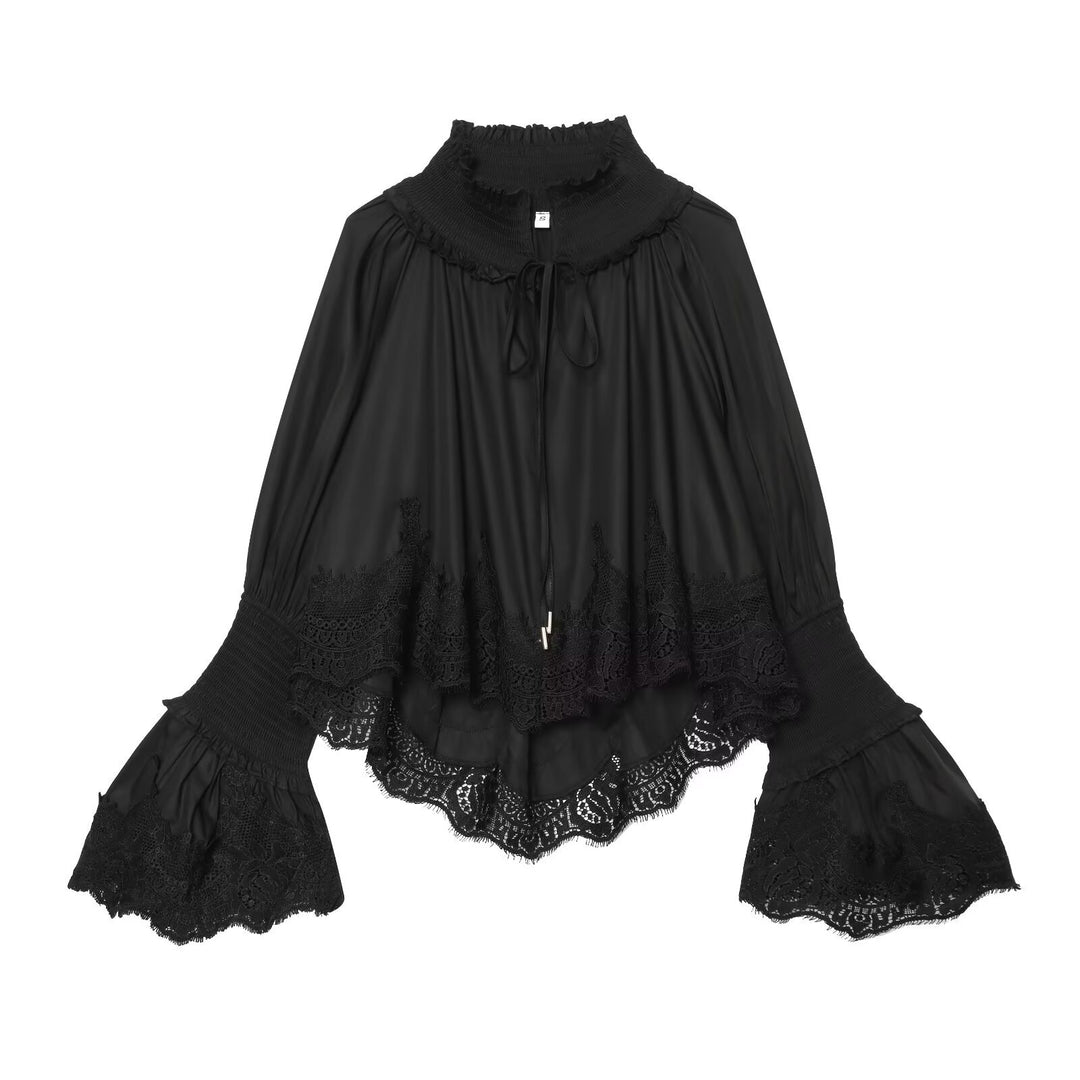 Ladies Romantic Blouse with Ruffle Collar, Bell Sleeves and Lace Trim Mune Fashion