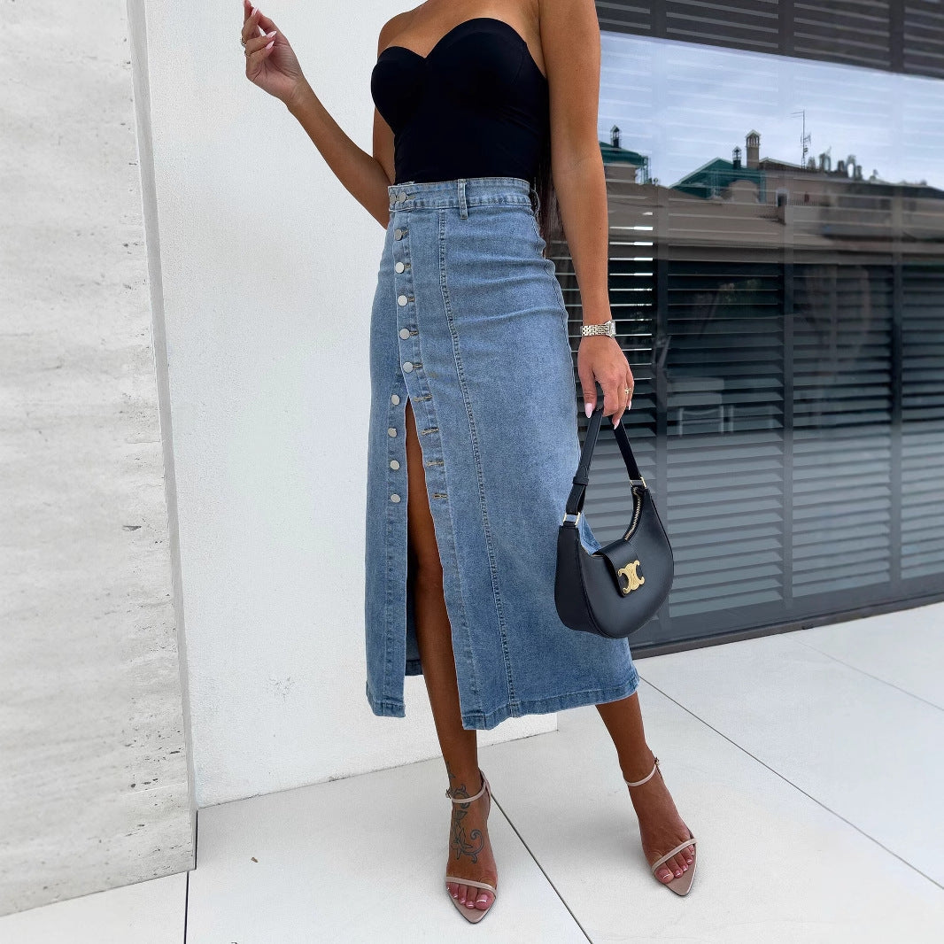 Ladies high-waisted midi skirt made of stretch denim with side snap button slit and fitted silhouette Mune Fashion