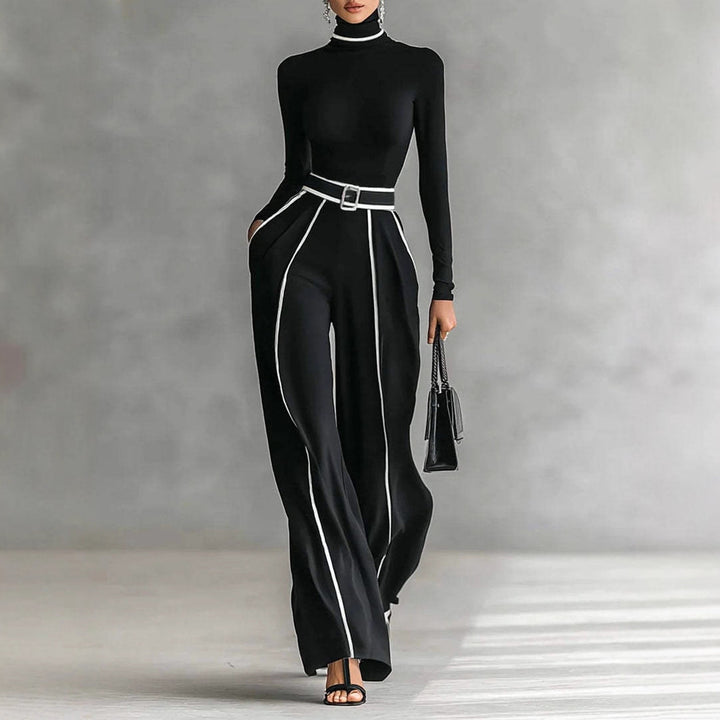 Women's Two-Piece Ensemble consisting of a form-fitting turtleneck bodysuit and wide-cut high-waisted trousers with belt Mune Fashion