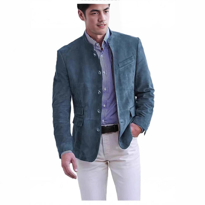 Men's Suede Blazer with Stand-up Collar and Flap Pockets Mune Fashion