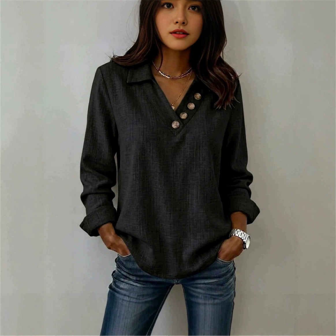 Women's Casual V Neck Blouse Shirt with Shirt Collar and Asymmetrical Decorative Button Placket Mune Fashion