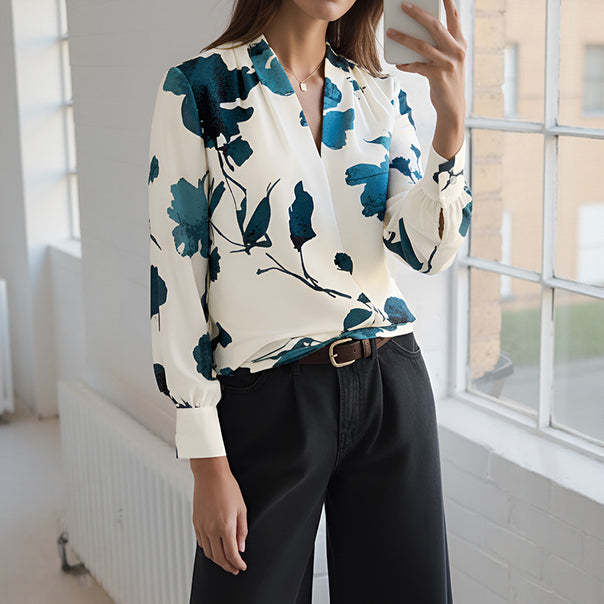 Women's Watercolor Blouse with V-Neck, Pleated Shoulder and Casual Wrap Look Mune Fashion