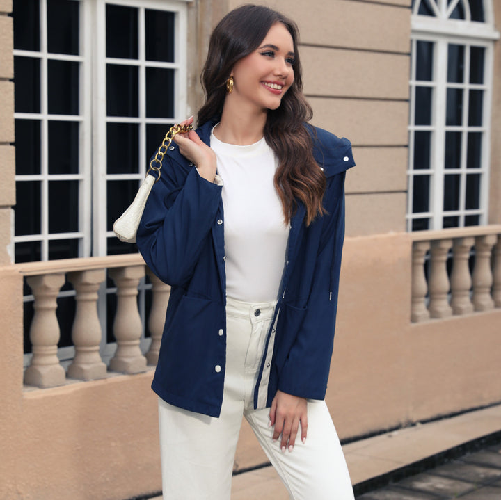 Ladies Lightweight Hooded Rain Jacket with Snap Button Placket and Drawstring Mune Fashion