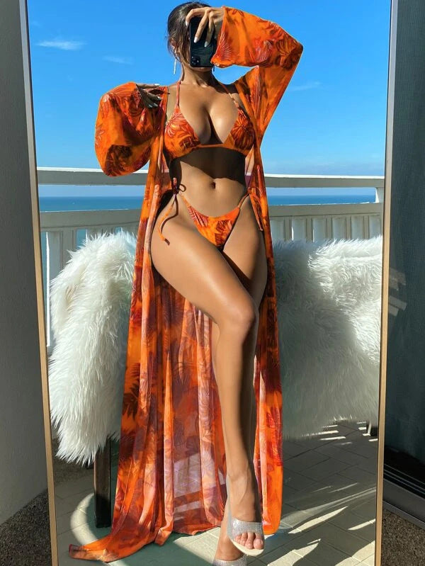 Women's Bikini Set with Transparent Kaftan and Floral Design Mune Fashion